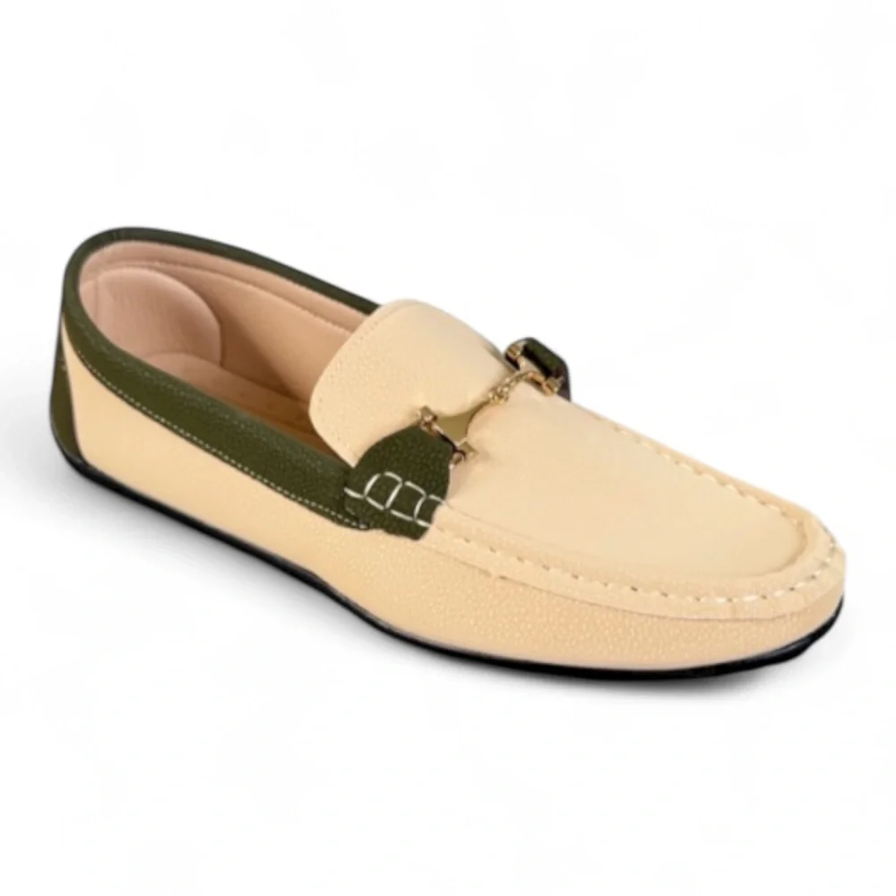 Green cream vegan leather gold horsebit accent slip on style loafers size 42